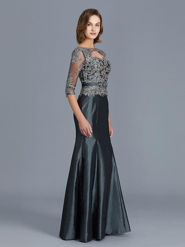 Vestidos de mãe da noiva em tafetá, mangas 3/4, comprimento até ao chão, trompete/sereia