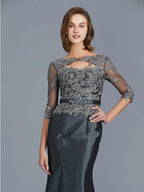 Trompete/Meerjungfrau-Linie U-Ausschnitt 3/4 Ärmel Applikationen Bodenlang Taft Brautmutterkleider