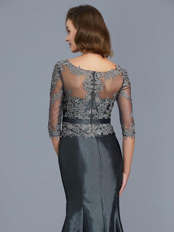 Trompete/Meerjungfrau-Linie U-Ausschnitt 3/4 Ärmel Applikationen Bodenlang Taft Brautmutterkleider