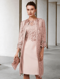 Abito Due Pezzi Fodera/Colonna per Madre della Sposa Chiesa Elegante Scollo a Gioiello Lunghezza al Ginocchio Chiffon Pizzo Manica Corta Giacchetti con Applicazioni