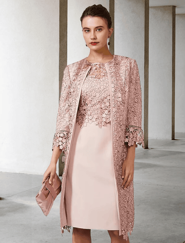 Zweiteiliges Etuikleid/Säulenkleid für die Brautmutter, elegantes Kleid mit Rundhalsausschnitt, knielang, Chiffon, Spitze, kurze Ärmel, Jackenkleider mit Applikationen
