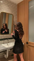 Vestido Corto de Lentejuelas Negras Brillantes para el Baile de Otoño Conjunto para Vacaciones Vestido Y1166