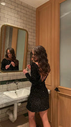 Vestido Corto de Lentejuelas Negras Brillantes para el Baile de Otoño Conjunto para Vacaciones Vestido Y1166