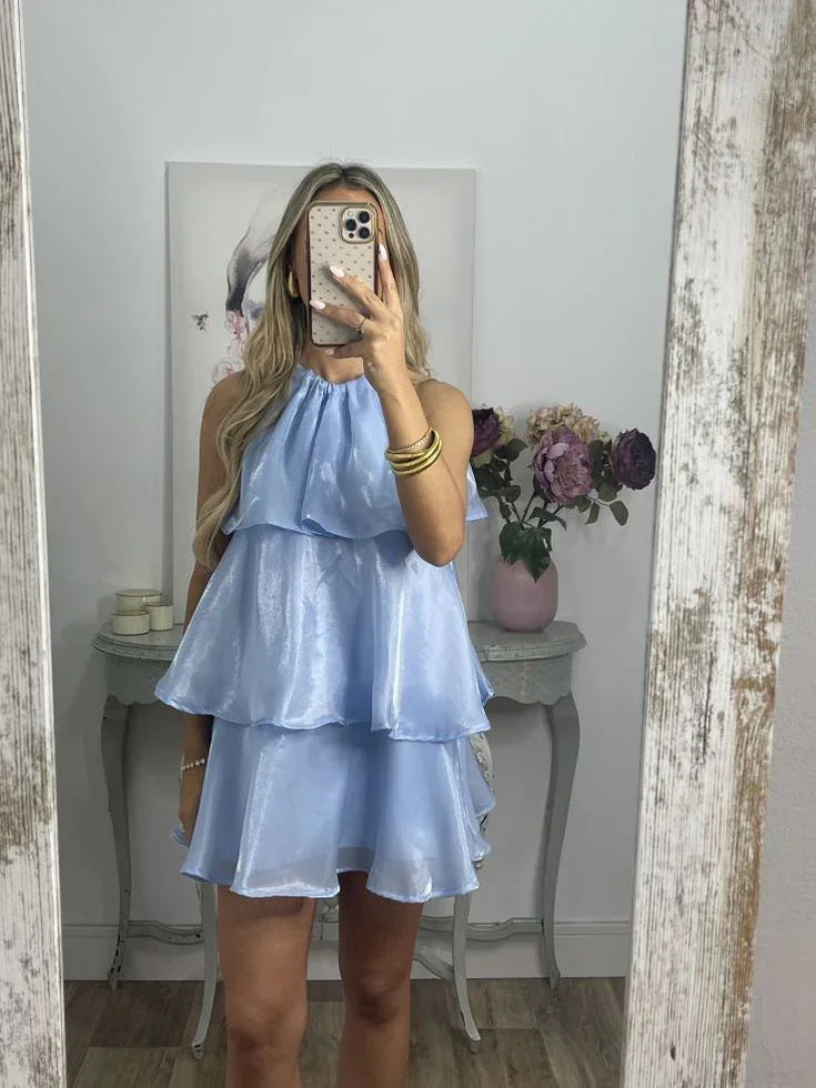 Einfaches blaues Organza-Trägerkleid mit mehrlagigem Minirock für den Abschlussball oder Homecoming Y8089