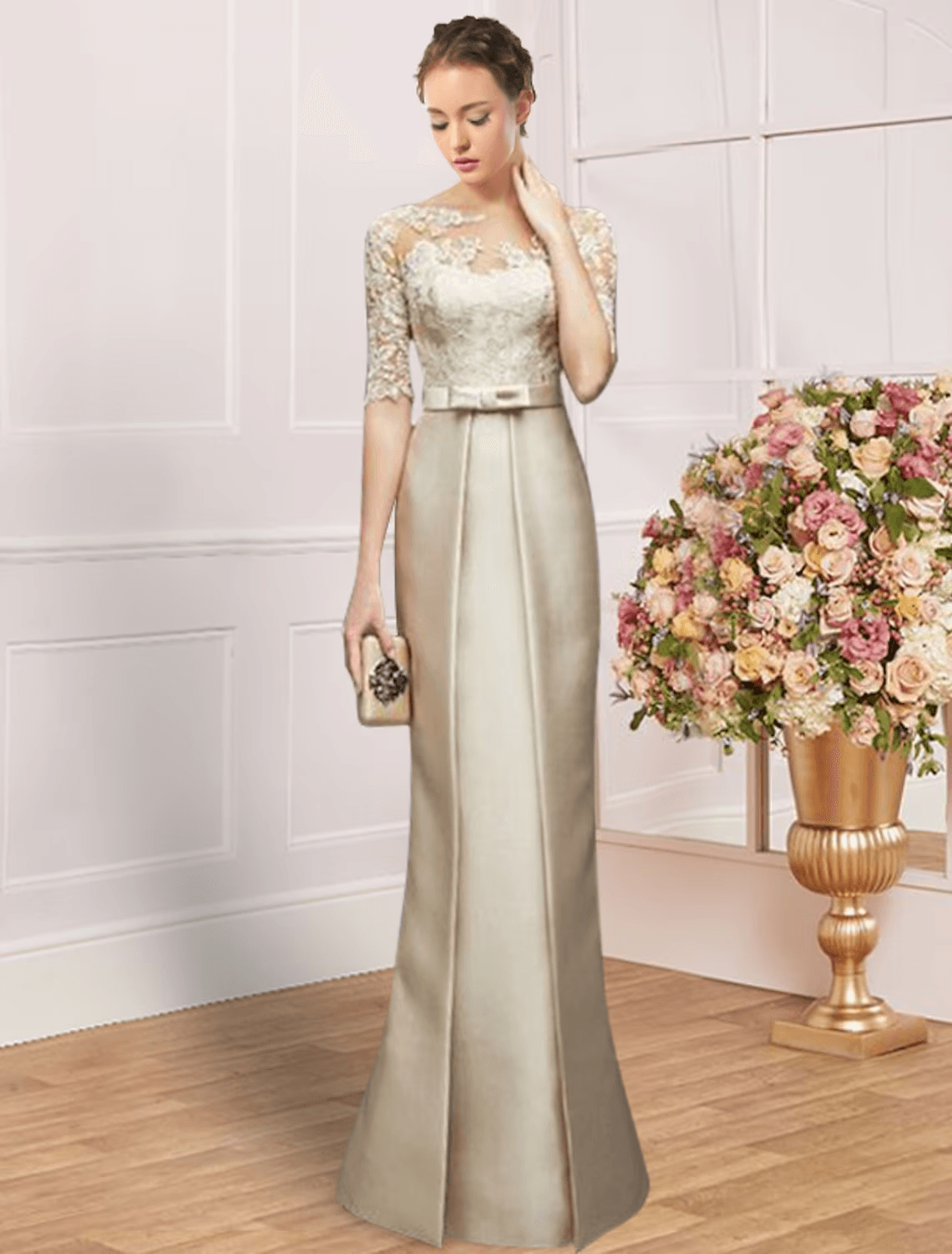 Vestido tubinho/coluna para mãe da noiva, convidada de casamento, festa, elegante, decote em joia, comprimento até ao chão, cetim, renda, meia manga com laço(s), franzido