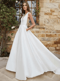 Sexy Brautkleider Kapelle Zug Ballkleid Ärmellos V-Ausschnitt Baumwolle Brautanzüge Mit Tasche Volltonfarbe