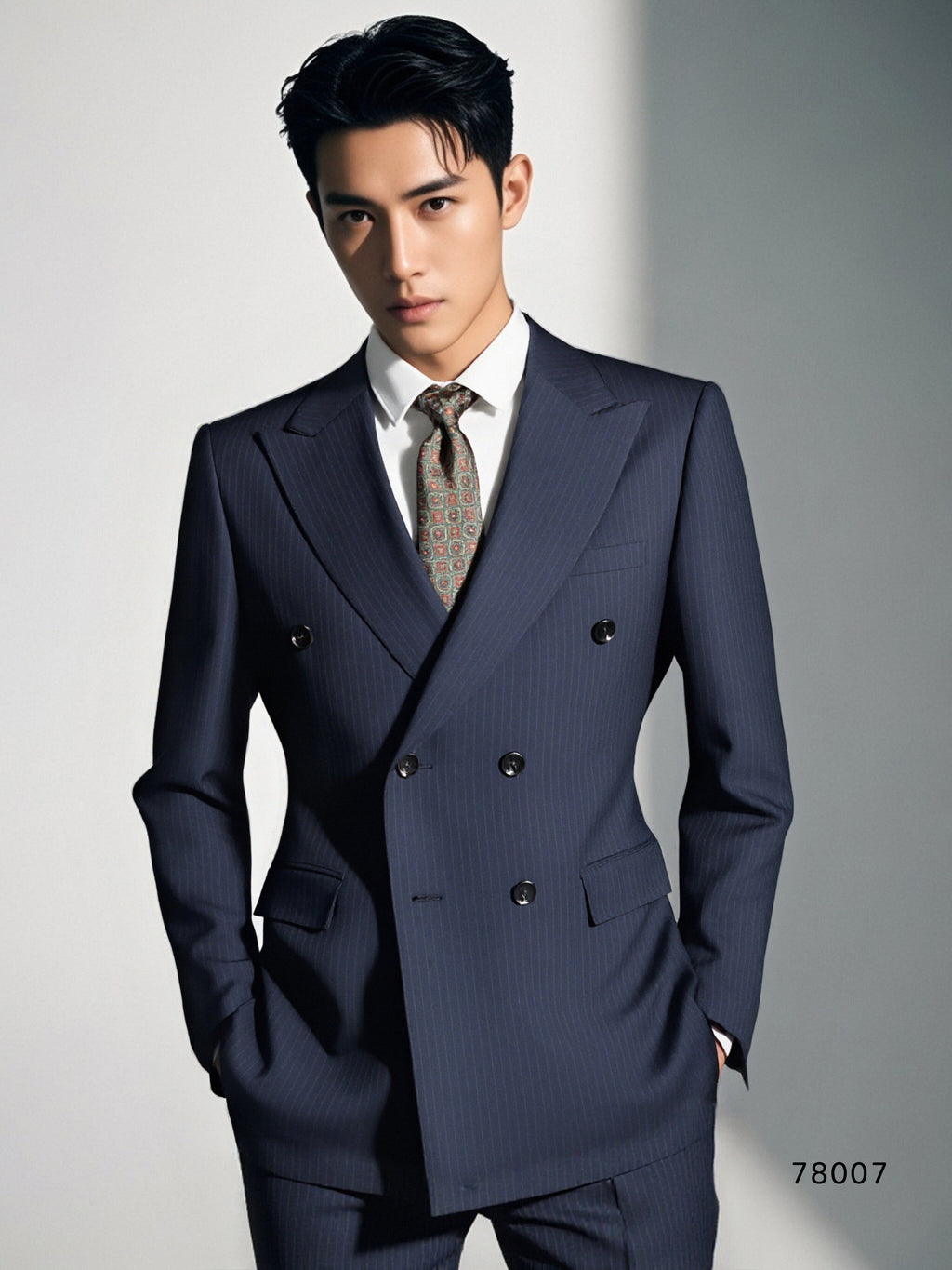 Double-Breasted Pinstripe Navy Wool Suit | Tailored Formal Groom & Business Suit
