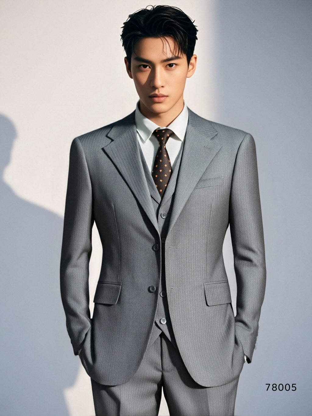 Three-Piece Subtle Pinstripe Grey Wool Suit | Tailored Formal Groom & Business Suit