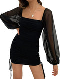 Women's Puff Long Sleeve Ruched Square Neck Bodycon Mesh Drawstring Mini Homecoming Dresses Y1424
