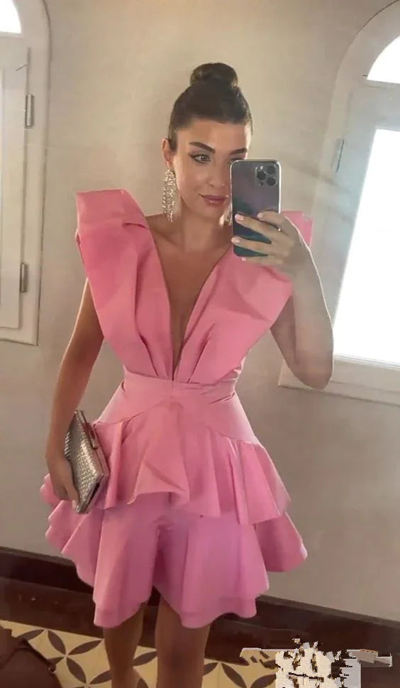 Robe de bal décolletée en V rose - Robe de soirée rose Y2469
