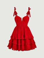 Vestido de fiesta de graduación rojo con hombros atados, falda acampanada y dobladillo con volantes Y2720