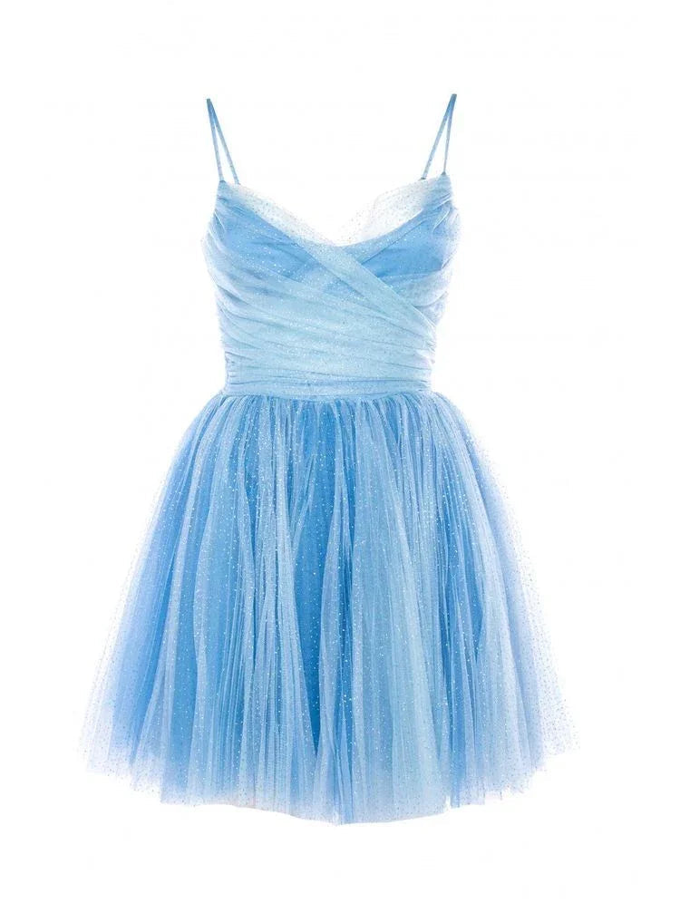 Niedliches Blaues Trägerkleid Homecoming-Kleid Blaues Tüll Partykleid Y2528
