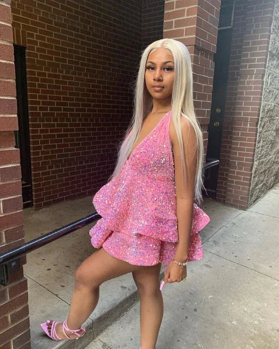 Deep V-Ausschnitt Homecoming Kleider mit Sequins Rücken Offen Etagen Hoco Kleid Y466