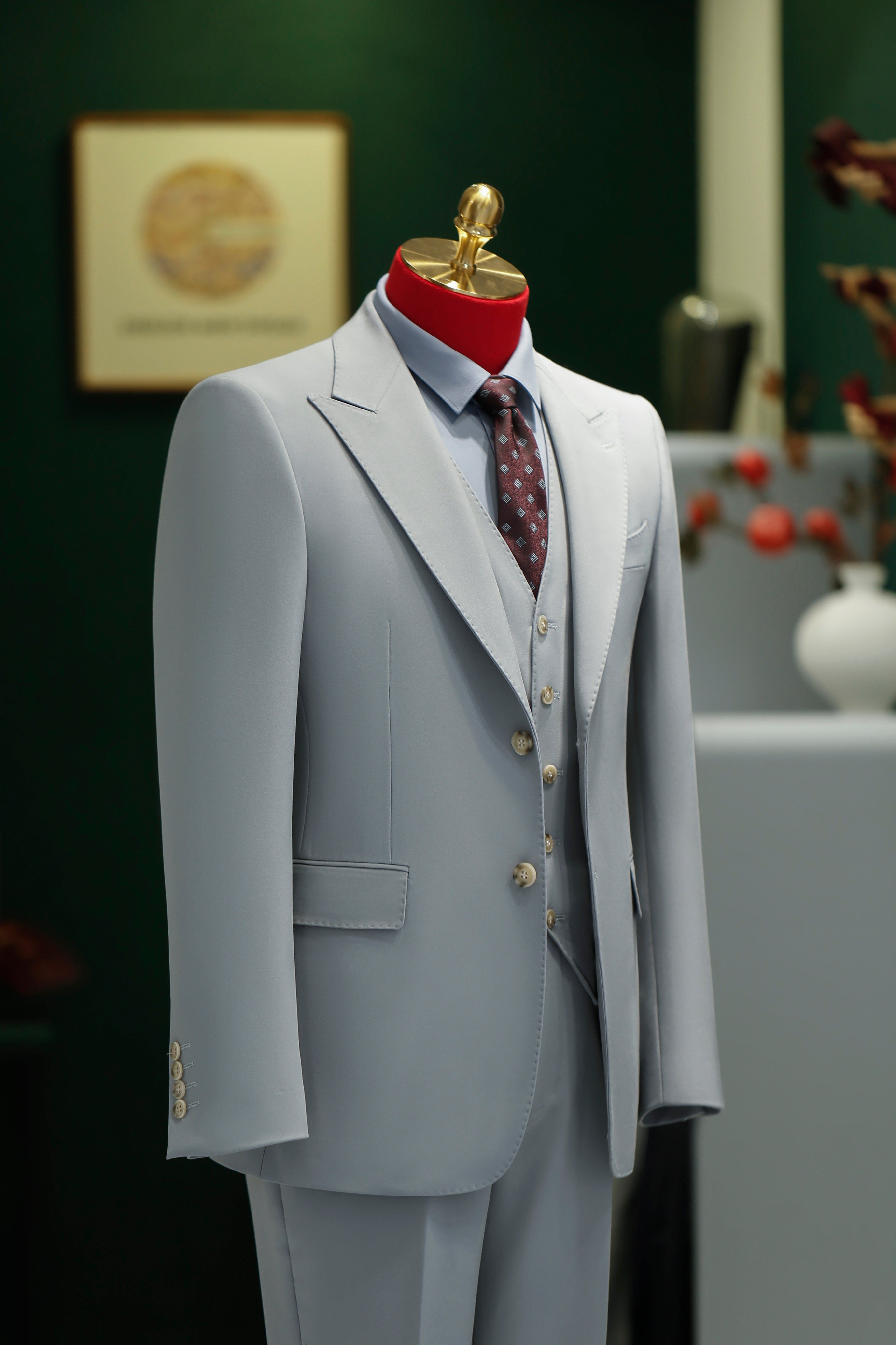 Three-Piece Light Grey Wool Suit | Tailored Formal Groom & Business Suit
