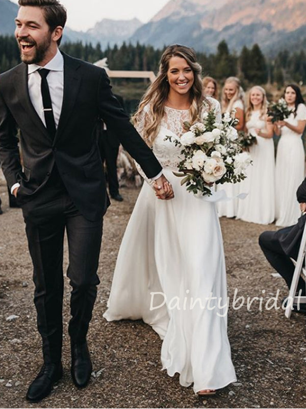 Elegantes U-Ausschnitt-Tüll-Spitze-Zweiteiler-Vatage-Brautkleid mit langen Ärmeln.DB10407