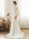 Vestidos de noiva elegantes com decote em V e corte A, mangas compridas e renda, WD0540