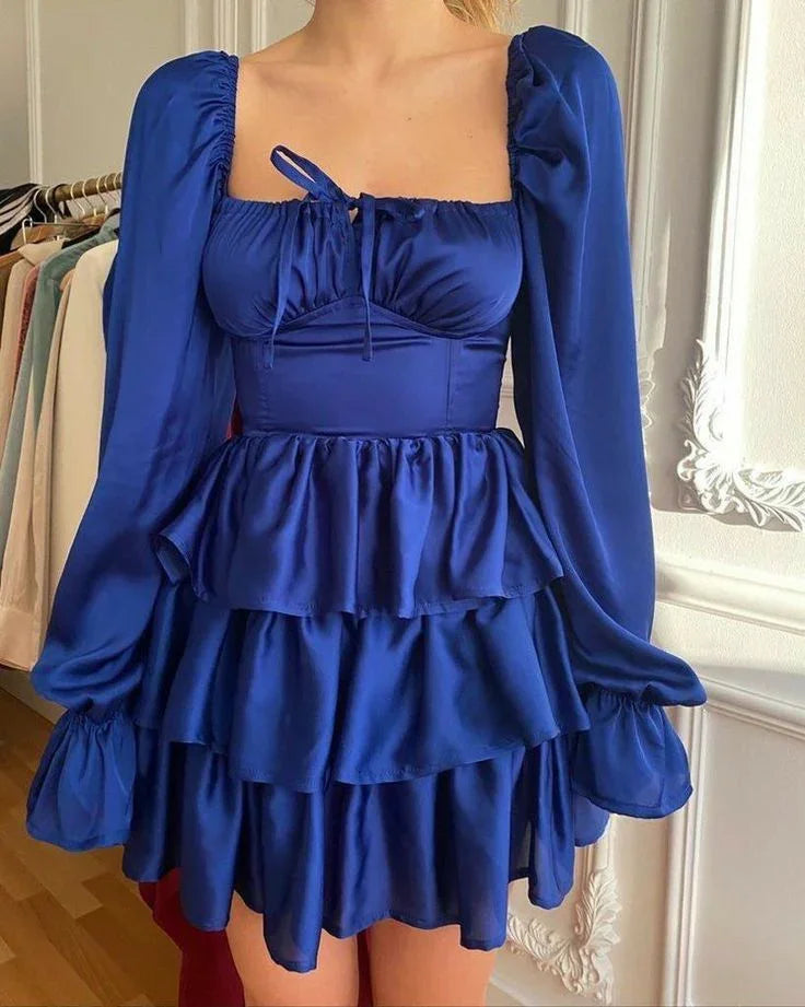 Vestido de Baile de Golas Royal Blue Decote Quadrado Com Mangas Compridas Vestido Retrô Y2467