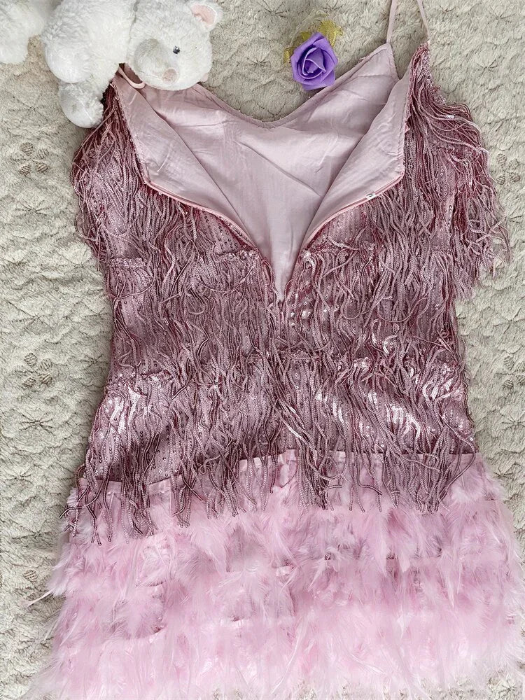 Damen Sexy Feder Glitzer Quastenkleid Pink Pailletten Fransen Flapper Kleid Sommer Abendkleid, Pink Homecoming Kleid Y2470