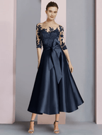 Etuikleid/Säulenkleid für die Brautmutter, Partykleid, elegant, U-Ausschnitt, knöchellang, Satin, Spitze, halbe Ärmel, mit Schleife(n), Falten