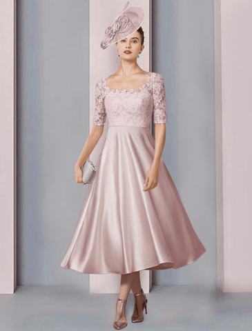 Zweiteiliges A-Linien-Kleid für die Mutter der Braut, für Hochzeitsgäste, Kirchenpartys, eleganter U-Ausschnitt, knielang, Satinspitze, halbe Ärmel mit Falten