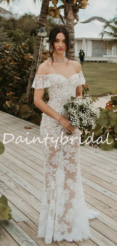 Einfache Sexy Off-shoulder Meerjungfrau Spitze Durchsichtige Lange Brautkleider Abendkleider.DB10709
