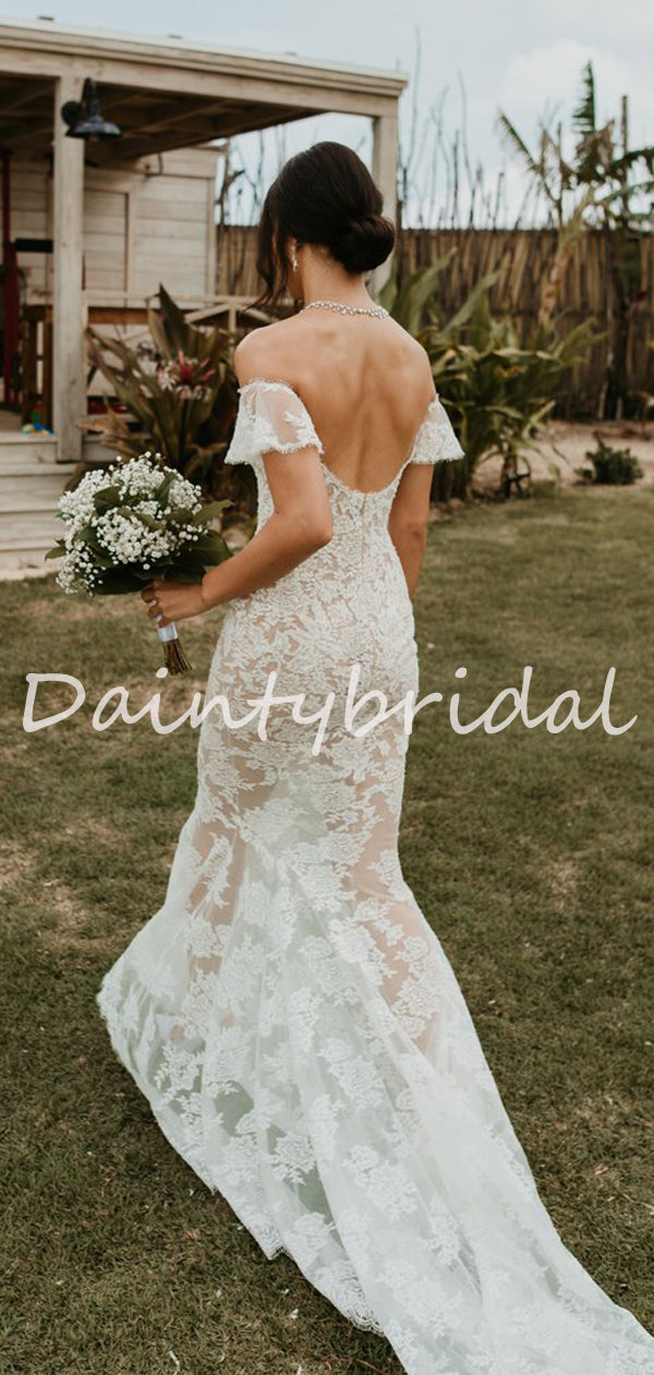 Vestido de novia largo de sirena con encaje transparente y hombros descubiertos, sencillo y sexy. Vestido de noche. DB10709