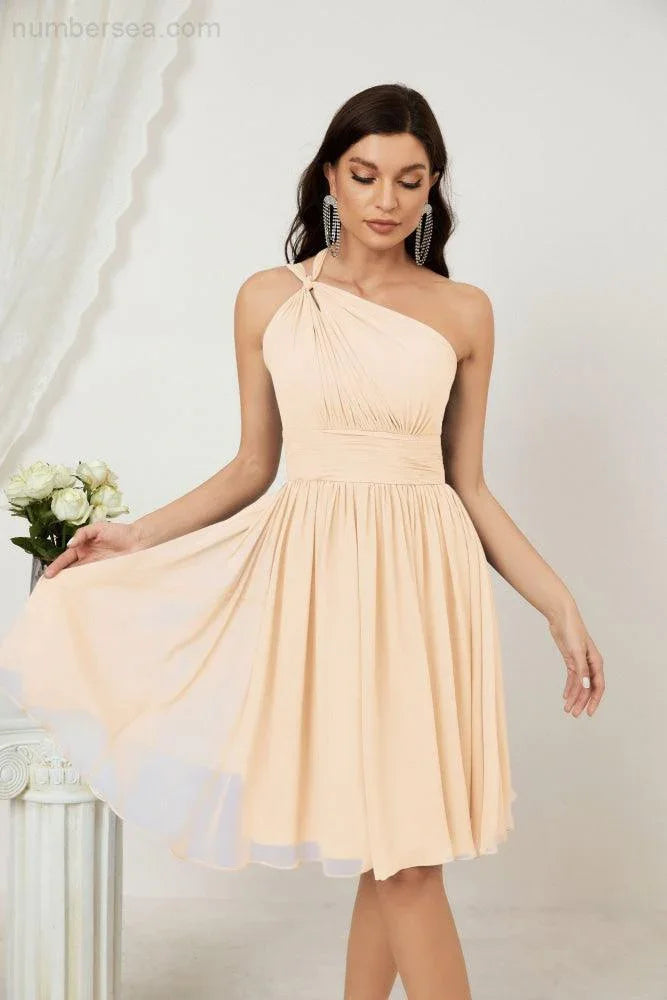 Vestido de dama de honor corto de chiffon de un hombro Numbersea para mujer Vestidos formales para fiesta y regreso a casa 2804