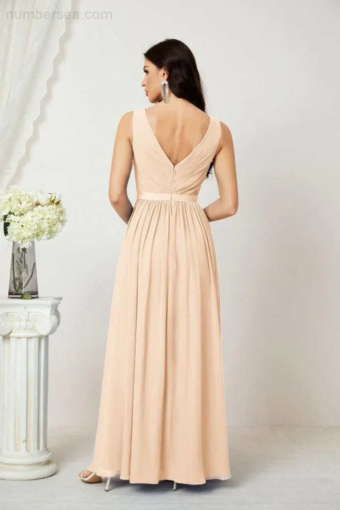 Abito da Sera Donna in Chiffon Lungo per Damigelle, Scollato, Senza Maniche, Linea A, per Feste Serali, Ballo di Fine Anno e Homecoming, Modello 2808