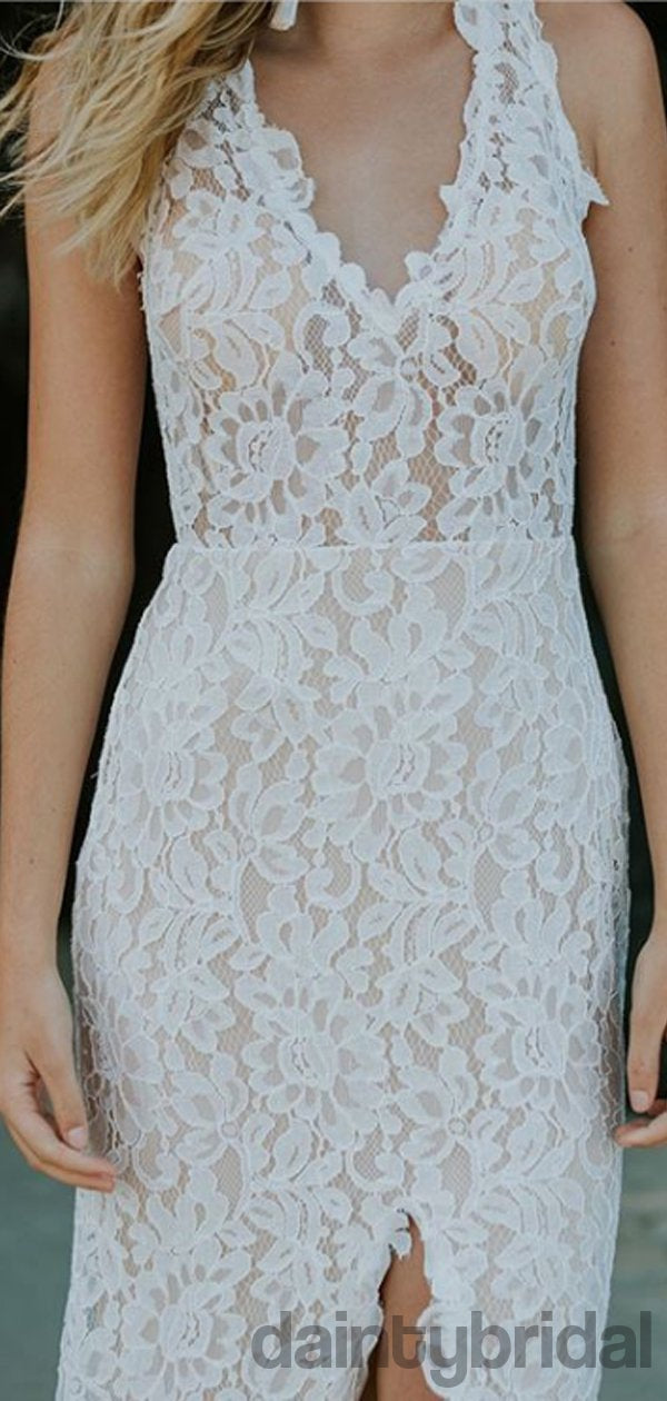 Sexy V-neck Lace V-Back Slit Wedding Dresses,DB10258