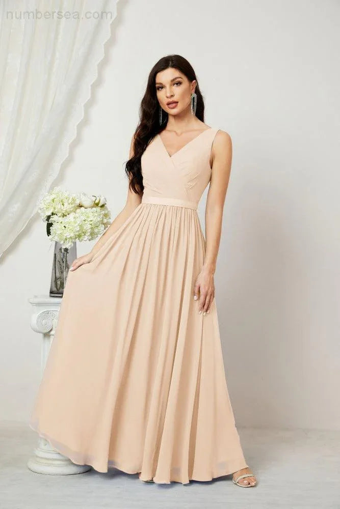 Abito da Sera Donna in Chiffon Lungo per Damigelle, Scollato, Senza Maniche, Linea A, per Feste Serali, Ballo di Fine Anno e Homecoming, Modello 2808