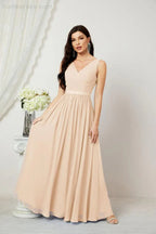 Abito da Sera Donna in Chiffon Lungo per Damigelle, Scollato, Senza Maniche, Linea A, per Feste Serali, Ballo di Fine Anno e Homecoming, Modello 2808