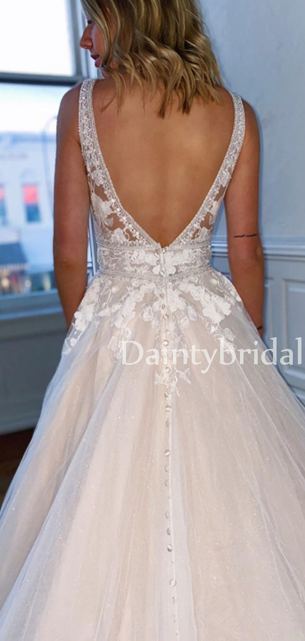 Charming V-eck Tulle V-back With Appliques A-line Long Wedding Dresses.DB10643