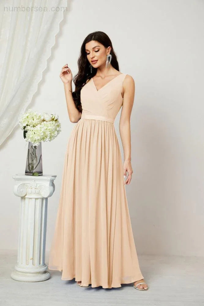 Abito da Sera Donna in Chiffon Lungo per Damigelle, Scollato, Senza Maniche, Linea A, per Feste Serali, Ballo di Fine Anno e Homecoming, Modello 2808