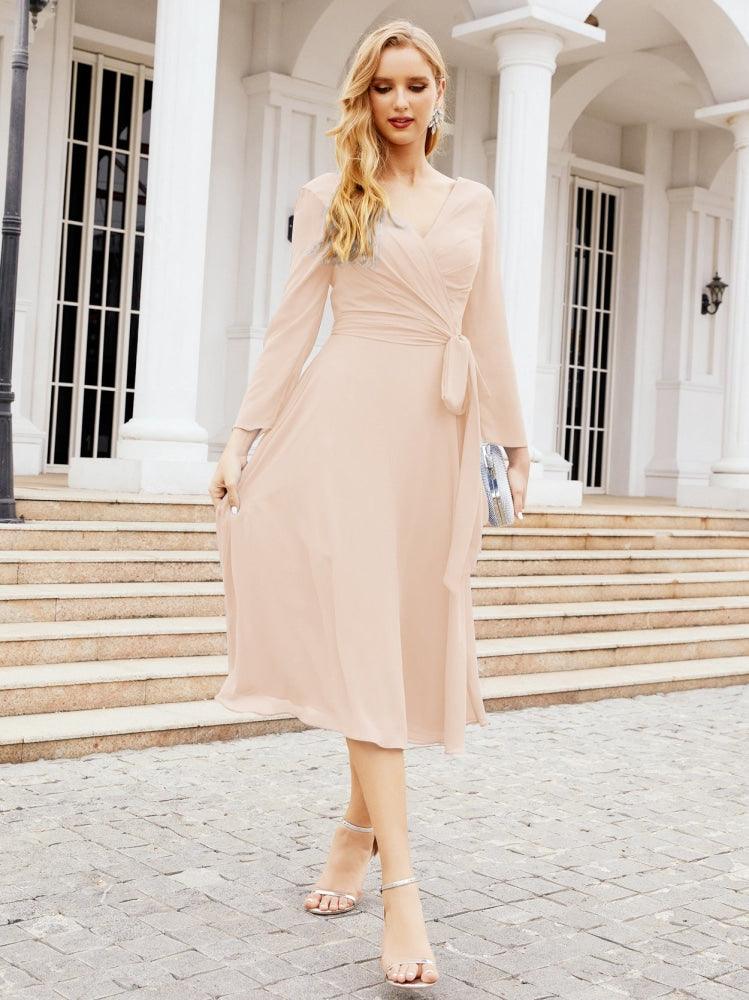 Vestido de madrinha com decote em V e cinto para mãe da noiva e convidada de casamento 28031 