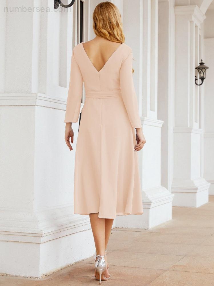Vestido de madrinha com decote em V e cinto para mãe da noiva e convidada de casamento 28031 