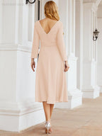 Vestido de madrinha com decote em V e cinto para mãe da noiva e convidada de casamento 28031 