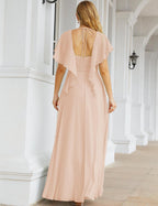 Numbersea Chiffon Bridesmaid Dresses Long Formal Evening Prom Mother of The Bride Dress with Flutter Sleeve     SEA28040