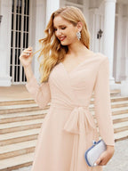 Vestido de madrinha com decote em V e cinto para mãe da noiva e convidada de casamento 28031 