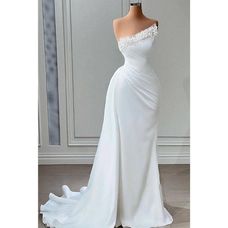 Sheath Strapless Beaded Pleats Prom Dress Evening Wedding Dress