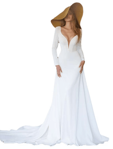 Hall Casual Brautkleider Kapelle Schleppe A-Linie Langarm V-Ausschnitt Baumwollmischung mit Falten Volltonfarbe