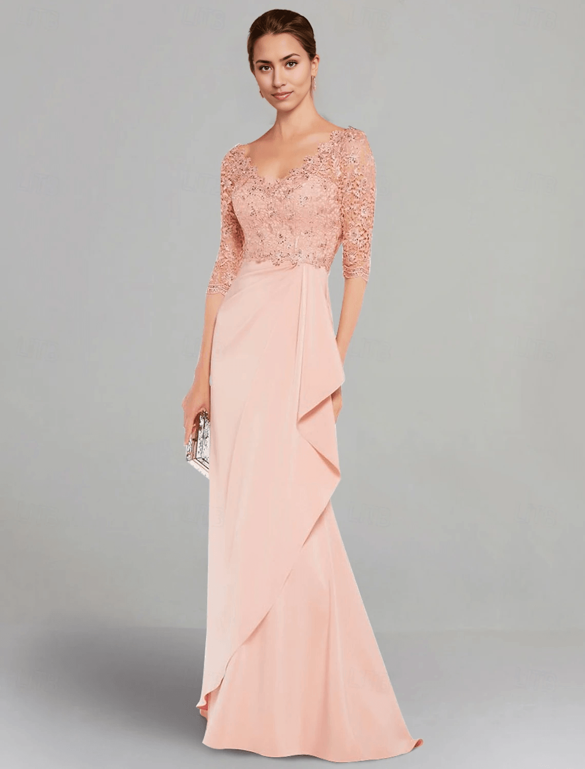 Mother of the Bride Dress Elegant V Neck Floor Length Stretch Chiffon Sleeve with Lace Pleats