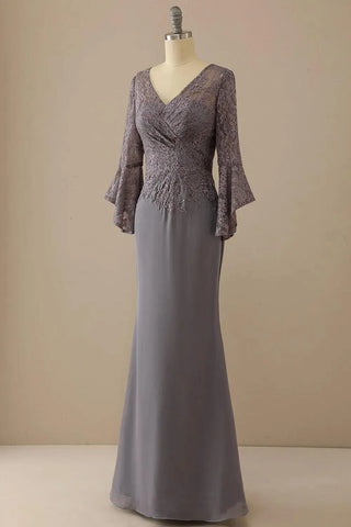 Kleid für die Brautmutter, V-Ausschnitt, Spitze, lange Ärmel