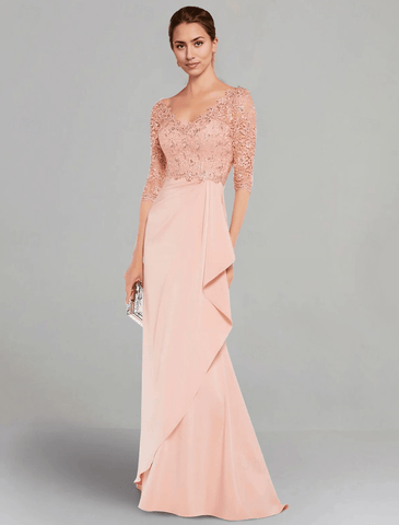 Kleid für die Brautmutter, elegant, V-Ausschnitt, bodenlang, Stretch-Chiffon-Ärmel mit Spitzenfalten