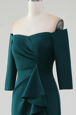 Kleid für die Brautmutter, Meerjungfrau, schulterfrei, kaskadierendes Rüschenkleid mit Schlitz