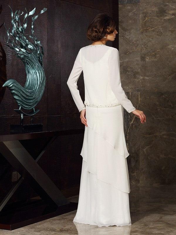 Kleider für die Brautmutter Etui-Linie Perlenstickerei Ärmellos Lang Chiffon