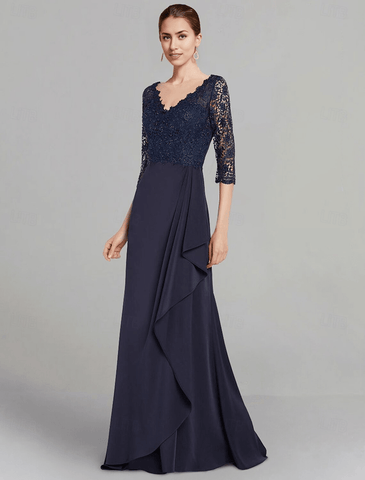 Kleid für die Brautmutter, elegant, V-Ausschnitt, bodenlang, Stretch-Chiffon-Ärmel mit Spitzenfalten