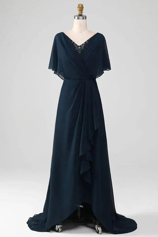 Kleid für die Brautmutter, A-Linie, V-Ausschnitt, asymmetrisch, Pailletten mit Perlenbesatz