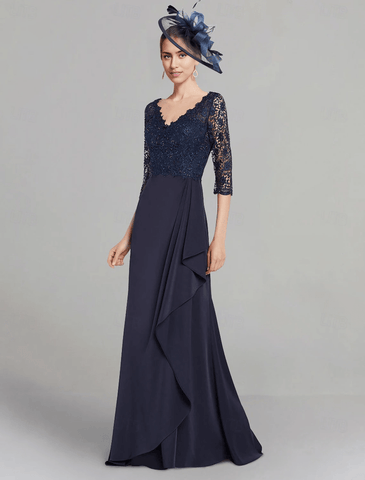 Kleid für die Brautmutter, elegant, V-Ausschnitt, bodenlang, Stretch-Chiffon-Ärmel mit Spitzenfalten