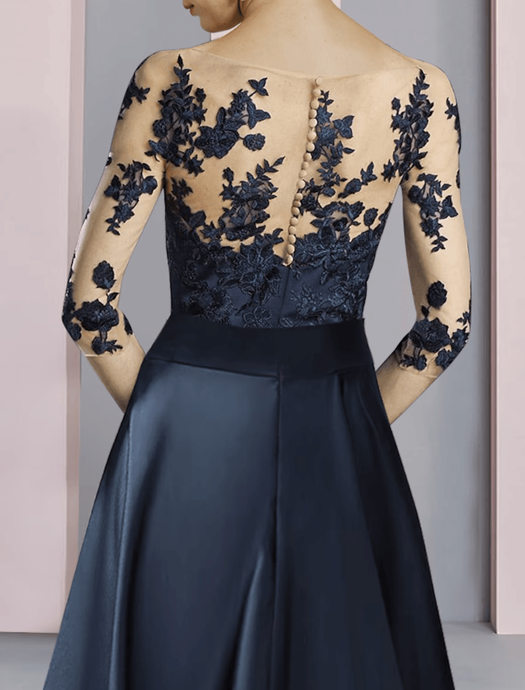 Etuikleid/Säulenkleid für die Brautmutter, Partykleid, elegant, U-Ausschnitt, knöchellang, Satin, Spitze, halbe Ärmel, mit Schleife(n), Falten