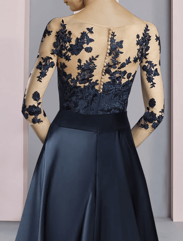 Sheath / Column Mother of the Bride Dress Party Elegant Scoop Neck Ankle Length Satin Lace Half Sleeve with Bow(s) Pleats